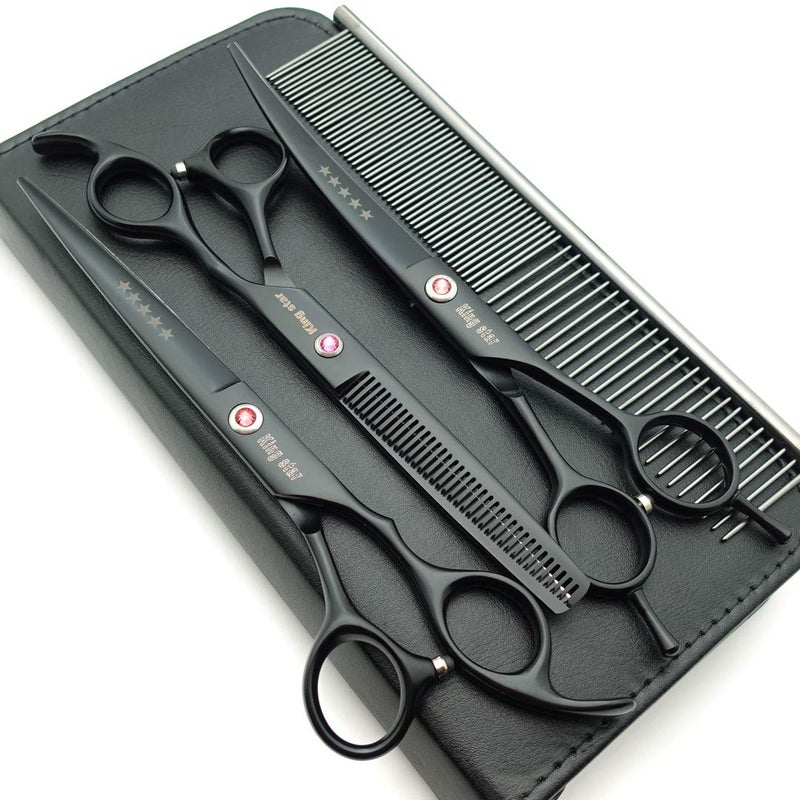 Kingstar 7.0in. Matt Black Professional Pet Grooming Scissors Set,Straight & Thinning & Curved Scissors Set with Comb case A389 - Image 1